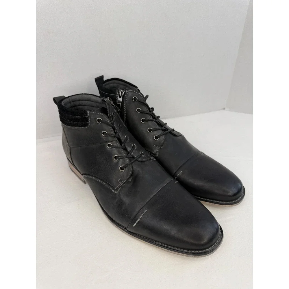 Steve Madden Mens P-Kontac Black Leather Cap Toe Lace Up Zip Dress Boots Size 11